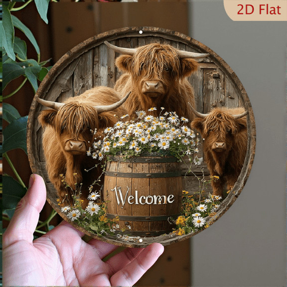 1pc Scottish Highland Cow Metal Wall Art Sign, Heavy Duty Aluminum Scottish Borders, Themed Round Plaque with Welcome Message Yak Like Cattle Design for Home, Farmhouse, or Celtic Gift (8"), 2D Flat