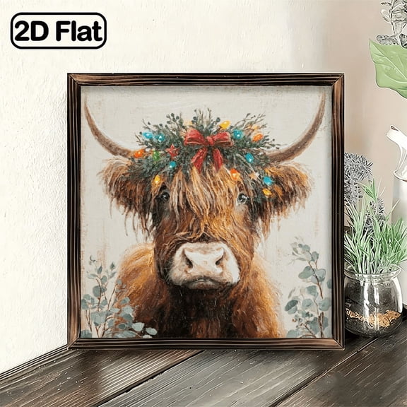 1pc Scottish Highland Cow Wall Art with Wood Frame Rustic Farmhouse Christmas Garland Highland Cow Sign, RedWhiteGreen Plaid Border, 8x8 Easy-Hang Panel for Home, Kitchen, Mantel Dcor