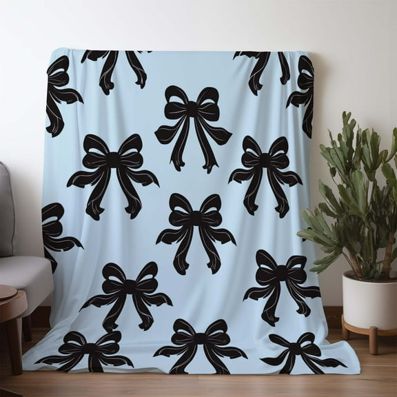 1pc Sdoo Flannel Blanket - Blue with Black Bow Print, Soft Warm Cozy All-Season Throw for Sofa Bed Car Office Camping Travel, Vintage Style Home Decor Gift