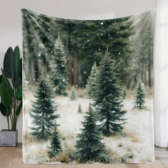 1pc Sdoo Flannel Blanket - Ultra-Soft Winter Pine Forest Snowscape Throw with Falling Snowflakes, All-Season Cozy Blanket for Couch, Bed, Camping, Travel, Office - Perfect Christmas or Housewarming G