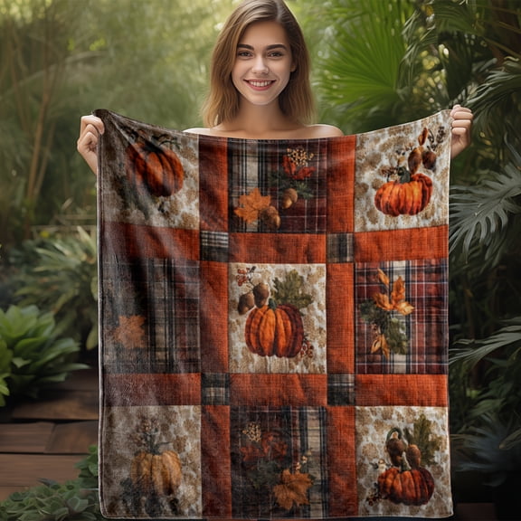 1pc Sdoo Flannel Blanket - Vintage Patchwork Autumn Plaid Pumpkin & Fall Leaves Print in Orange, Brown, Beige, White - Soft Warm All-Season Cozy Throw for Couch, Bed, Travel, Camping