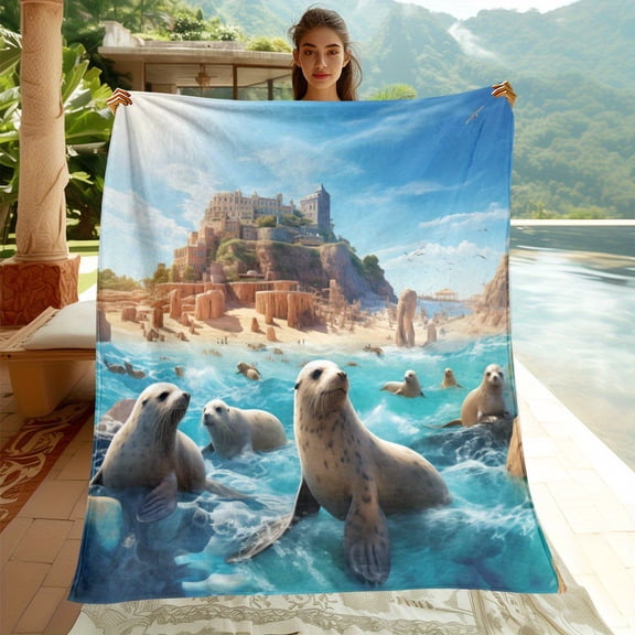 1pc Sea Lions By The Beach Printed Thin Blanket, Four Season Blankets Suitable For Sofas, Beds, Living Rooms, Travel, Outdoor Camping, Soft And Nap Office Blankets