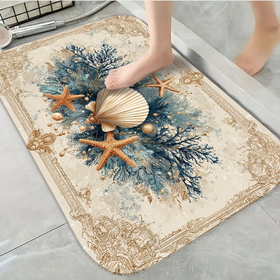 1pc Sea Shells Absorbent Non-Slip Bathroom Thickened Flannel Rug Decor,Soft,Quick Drying,Suitable For Indoor/outdoor Use,Bathrooms,Bedrooms,Kitchens,Terrace,Laundry Rooms,16"x24"