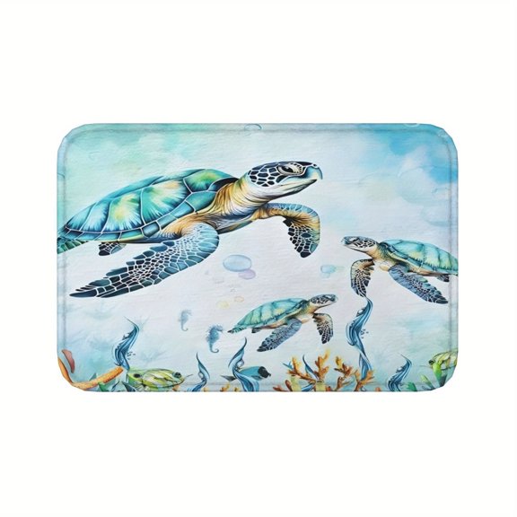 1pc Sea Turtle Coral Reef Door Mat - Premium Flannel Anti-Slip Rubber Backing, Absorbent Polyester Blend Machine Washable Non-Fading Rug, Living Room Bathroom Bedroom Floor