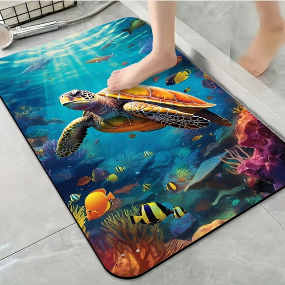 1pc Sea Turtle in Coral Reef Habitat Bathroom Rug Bathroom Decor and Accessories- Durable,Anti Slip,And Quick Drying,Suitable For Indoor/outdoor Use - Perfect For Bathrooms,Bedrooms,Kitchens