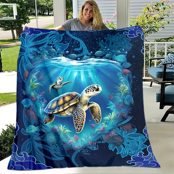 1pc Sea Turtle Print Flannel Blanket – Soft, Lightweight All-Season Throw – for Travel, Camping, Office, and Gifting Friends & Family, Sea Turtle Pattern | Polyester Blanket