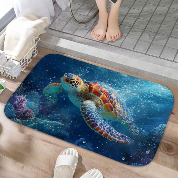 1pc Sea Turtle Underwater Absorbent Non-Slip Bathroom Thickened Flannel Rug Decor,Soft,Quick Drying,Suitable For Indoor/outdoor Use,Bathrooms,Bedrooms,Kitchens,Terrace,Laundry Rooms,16"x24"