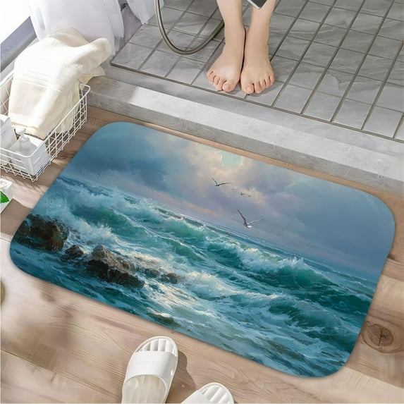 1pc Sea with Waves and Seagulls Absorbent Non-Slip Bathroom Thickened Flannel Rug Decor,Soft,Quick Drying,Suitable For Indoor/outdoor Use,Bathrooms,Bedrooms,Kitchens,Terrace,Laundry Rooms,16"x24"