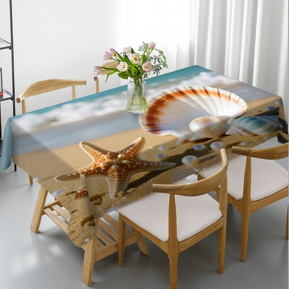 1pc Seashell Starfish Nature Print Rectangular Tablecloth, 2D Flat Printing Machine-Made, Seashell Starfish Nature