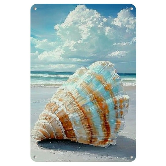 1pc Seashell Wall Art Decor - Waterproof Weather-Resistant Metal Tin Sign for Home, Restaurant, Cafe - Pre-Drilled Nautical Shell Poster