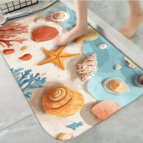 1pc Seashells on Beach Absorbent Non-Slip Bathroom Thickened Flannel Rug Decor,Soft,Quick Drying,Suitable For Indoor/outdoor Use,Bathrooms,Bedrooms,Kitchens,Terrace,Laundry Rooms,16"x24"