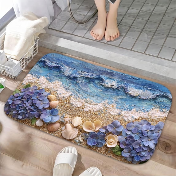 1pc Seashore with Flowers Absorbent Non-Slip Bathroom Thickened Flannel Rug Decor,Soft,Quick Drying,Suitable For Indoor/outdoor Use,Bathrooms,Bedrooms,Kitchens,Terrace,Laundry Rooms,16"x24"