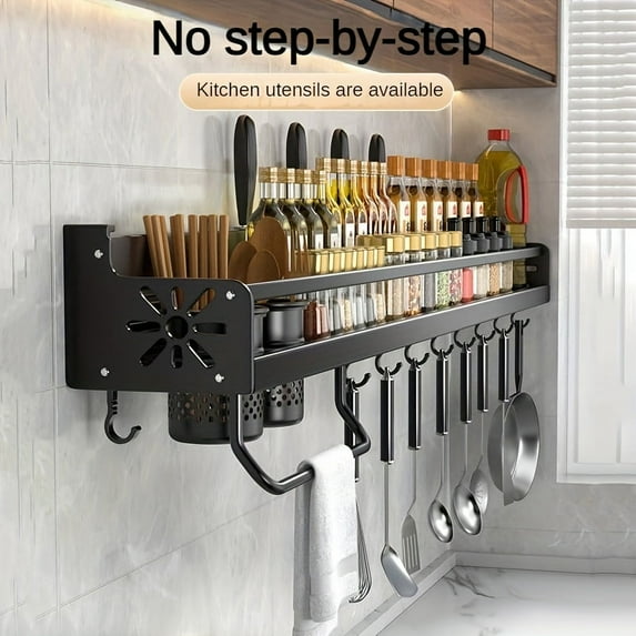 1pc Seasoning Rack With Hook, Kitchen Storage Rack, Multifunctional Household Wall-mounted Chopsticks Knife Rack, No Punching Kitchenware Storage Hanging Rack, Home Kitchen Supplies