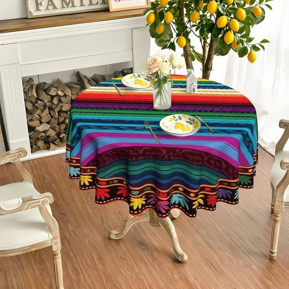 1pc Serape Floral Striped 2D Printed Round Tablecloth, Boho Cover for Kitchen Patio Garden Parties, Christmas Holiday Gift for Fiesta Event Planners