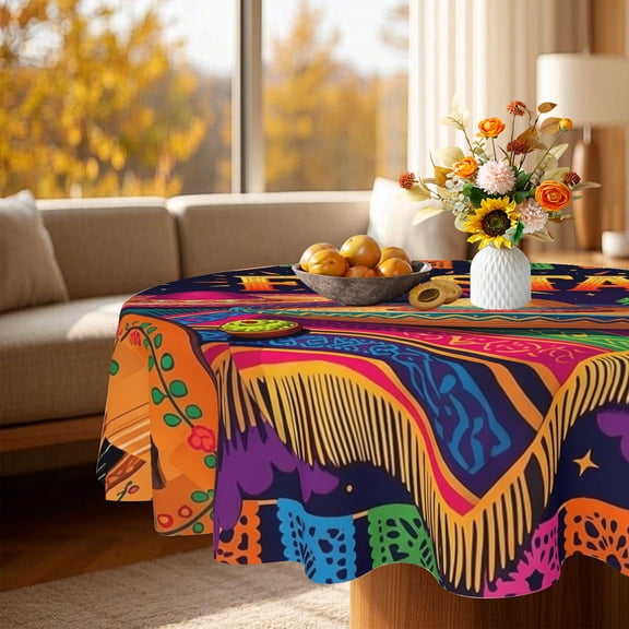 1pc Serape Stripe Fiesta 2D Printed Round Tablecloth, Feather Sombrero Pattern Cover for Kitchen Patio Cinco De Mayo, Christmas Birthday Holiday Gift