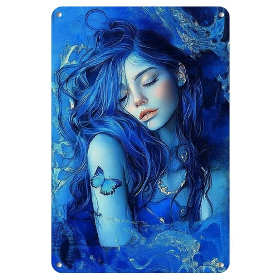 1pc Serene Blue Woman Iron Art Print - Kintsugi Inspired, 8x12 Inch Frameless Wall Decor with Tranquil Underwater Design, Artistic Room Accent|Golden Accents Decor|Frameless Painting, Wall Art