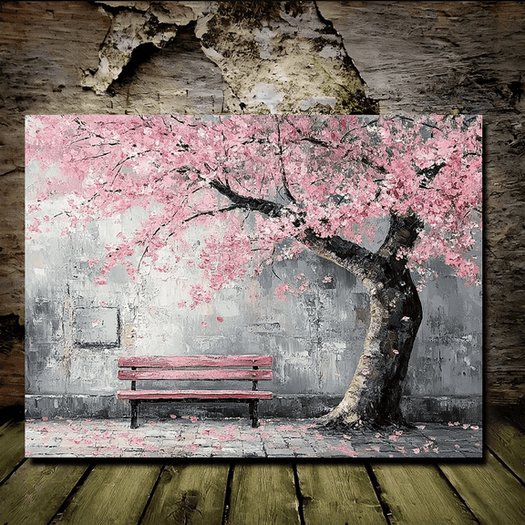 1pc Serene Cherry Blossom & Bench Canvas Art - Wooden Framed, Pink Petals Falling Design, Ideal for Office or Classroom Wall Decor, Adds a Touch of Nature'S Beauty, Office Wall Art