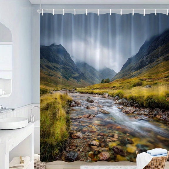 1pc Serene Mountain Stream Shower Curtain Realistic Landscape Rocky Hills Stream Grasses Solitary Tree Machine Washable Polyester Hooks Included Nature Bathroom Decor Relaxing Spa High Quality