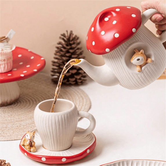 1pc Set Red Mushroom Reinforced Porcelain Tableware, Including Spoon, Teapot, 8-Inch Plate, Cup & Saucer Set. Suitable For Single Dining Set, Breakfast Plate, Coffee Cup, Couples Dinnerware Set