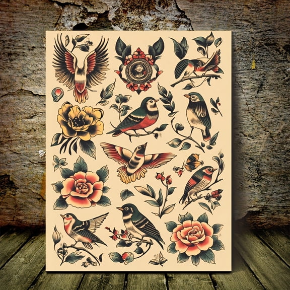 1pc Sevenrelics Traditional American Tattoo Flash Canvas Art - Vibrant Retro Birds & Floral Design, Waterproof Log Frame, Wall Decor for Home, Office, Cafe, Bathroom, Dorm & Kitchen,