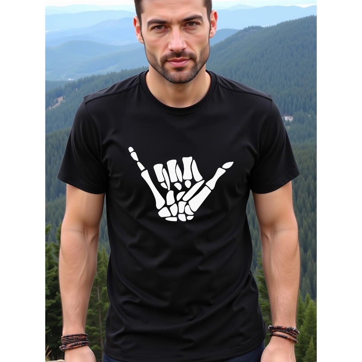 Tシャツ・カットソー [VIBRATE]LETTERING HAND SHAKE SIGN T-SHIRT (BLACK) 1pc Shaka Sign Skeleton Hand Graphic Tee, 100% Fabric, Crew