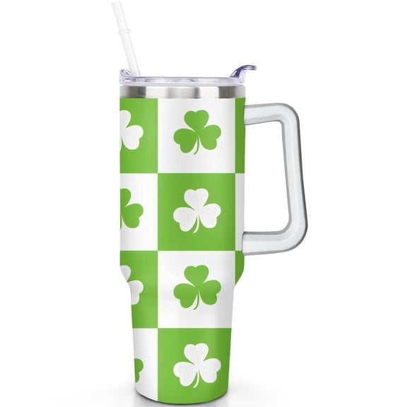 1pc Shamrock 40oz Tumbler with Straw & Handle - Insulated Stainless Steel Cup | Holiday Gift for Man Women (Christmas, Valentine's, Birthday)