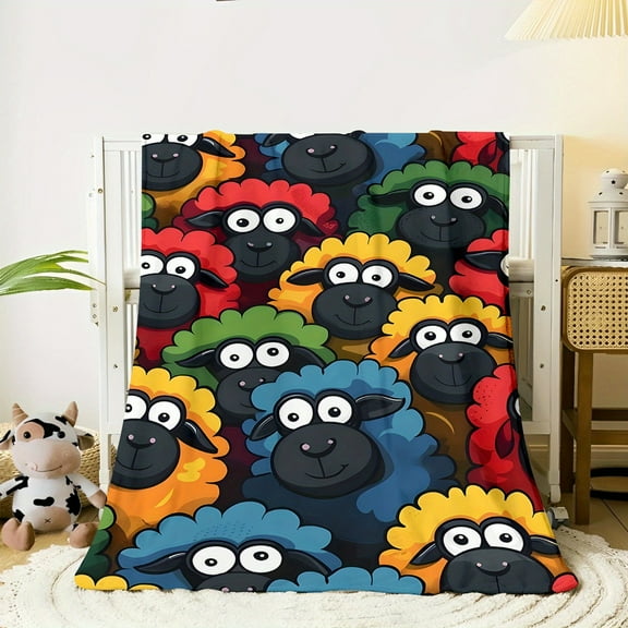 1pc Sheep Print Flannel Throw Blanket - Soft Lightweight Knitted Polyester Shawl for Sofa, Bed, Travel & Camping - Comfortable Digital Print Fleece, Tear-Resistant