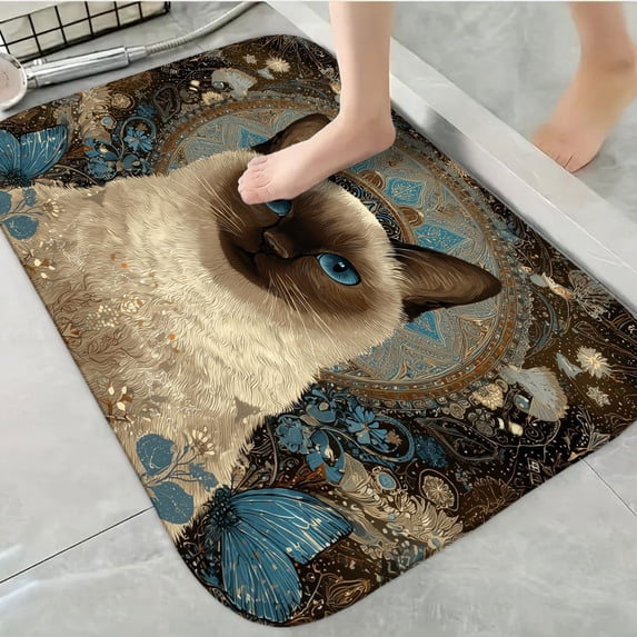 1pc Siamese Cat Absorbent Non-Slip Bathroom Thickened Flannel Rug Decor,Soft,Quick Drying,Suitable For Indoor/outdoor Use,Bathrooms,Bedrooms,Kitchens,Terrace,Laundry Rooms,16"x24"