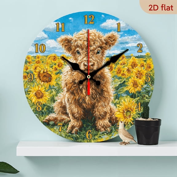 1pc Silent Non-Ticking Wooden Wall Clock - Highland Cow in Sunflower Field Design, Rustic Farmhouse Decor, Battery Operated Included) for Living Room, Kitchen, Office
