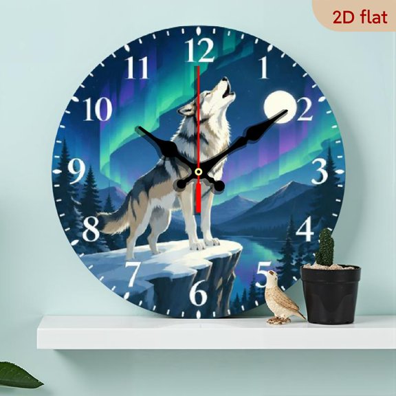 1pc Silent Wolf Aurora Wall Clock, 2D 10-Inch Non-Luminous Animal Forest Decor, Round Wood Home Decoration for Living Room, Bedroom, Office Kitchen, Battery Not Included (AA), Perfect Valentine'