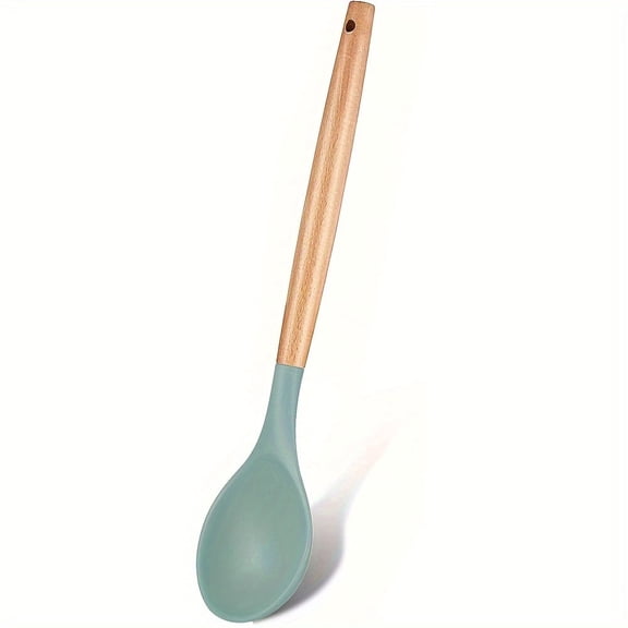 1pc, Silicone Nonstick Mixing Spoon, Kitchen Cooking Spoon, Serving Spoon With Wooden Handle Heat Resistant Utensil Spoons For Mixing, Baking, Serving And Stirring