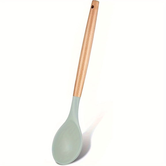 1pc, Silicone Nonstick Mixing Spoon, Kitchen Cooking Spoon, Serving Spoon With Wooden Handle Heat Resistant Utensil Spoons For Mixing, Baking, Serving And Stirring