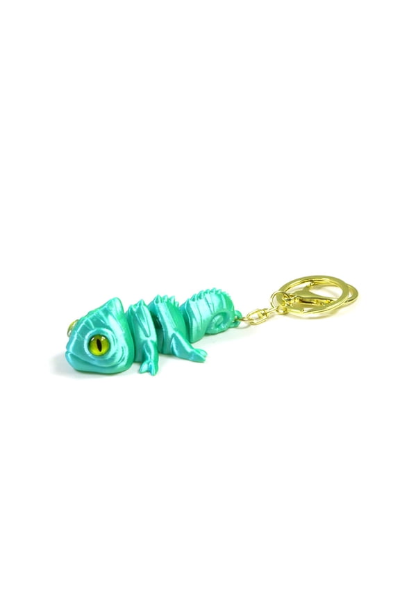 1pc Silk Green Size: 6*4*2cm 3D Printed Chameleon Keychain, Movable Simulation Lizard Keyring Ornament