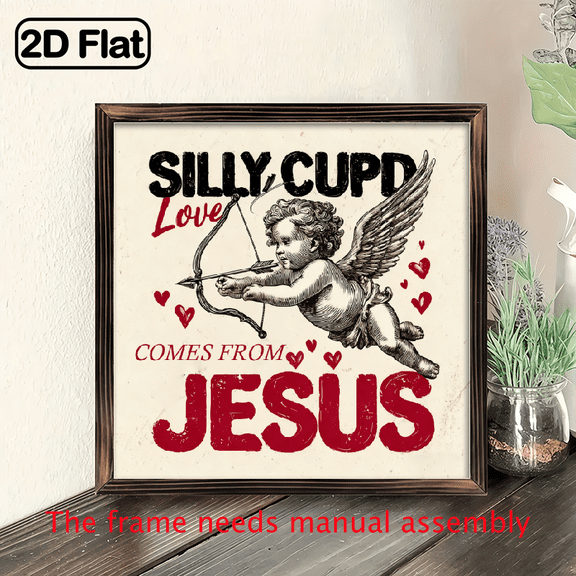 1pc Silly Cupid Love Comes From Jesus Wood Framed Sign - Vintage Rustic 8x8 Inch Wall Art, Recycled Wood Valentine's Day Decor with Inspirational Religious Message, Romantic Home Decoration Gift for