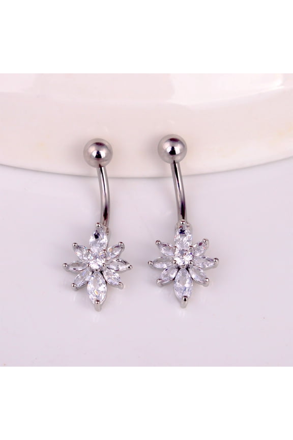 1pc Silver-Plated Copper Zirconia Sparkly Floral Belly Button Ring, Suitable For Women To Wear For Party And Occasions