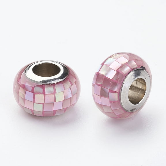 1pc Silver Resin European Beads with Shell and Enamel Rondelle Large Hole Beads Pearl Pink 12x8mm Hole: 5mm