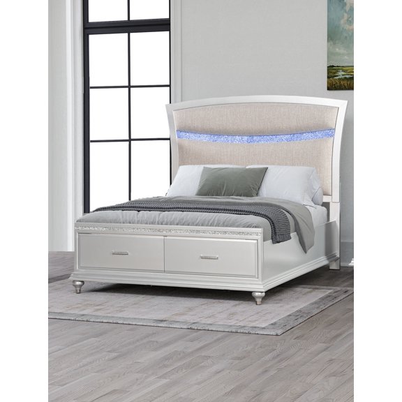 1pc Silver Storage Drawers King Platform Bed Upholstery Headboard LED Light
