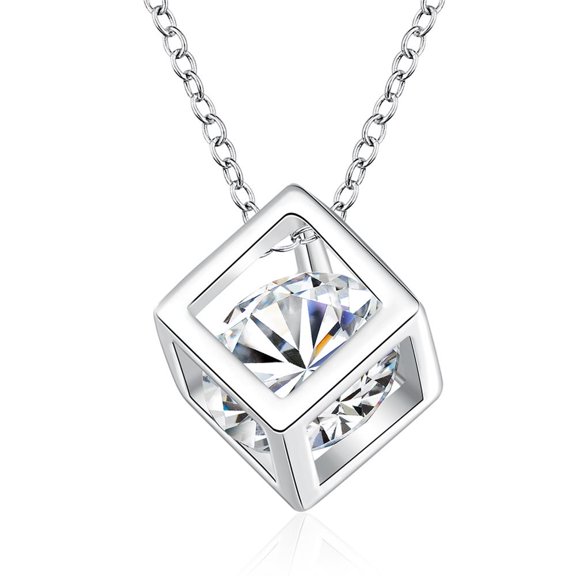 1pc Silver color Plated Brass Cubic Zirconia Cube Pendant Necklace with Brass Cable Chains 18 inch