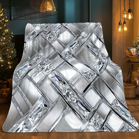 1pc Silvery Diamond Grid Collage Portable Blanket Lightweight Throw for Sofa Bed Travel Camping Livingroom Office Couch Chair and Bed Digital Printing Blanket with Soft and Warm