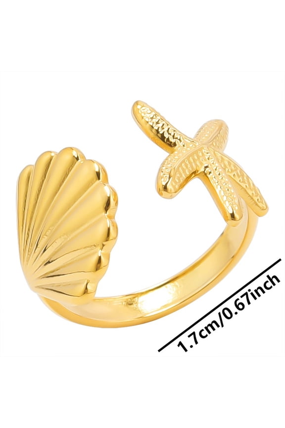 1pc Simple Stainless Steel Starfish Shell Open Cuff Rings for Women Golden