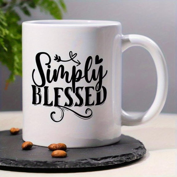 1pc Simply 11oz Ceramic Coffee Mug Elegant Cursive Script with Hearts Leaves Inspirational Christian Men Women Christmas Thanksgiving Halloween Insulated Washable Ideal Home or Off