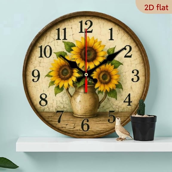 1pc A Single Round Wooden Wall Clock with a Yellow Sunflower Design, Measuring 10 by 10 Inches It Operates Silently on Battery Power (AA Batteries Not Included) And Is Ideal for Decorating Ho