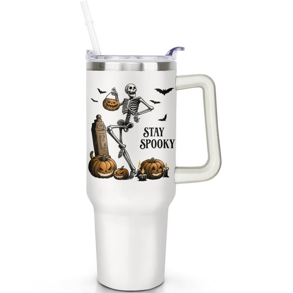 1pc Skeleton 40oz Tumbler with Straw & Handle - Insulated Stainless Steel Cup | Holiday Gift for Man Women (Christmas, Valentine's, Birthday)