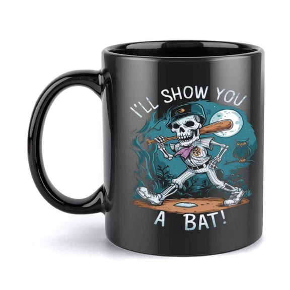 1pc Skeleton Baseball Player 11oz Ceramic Mug I ll Show You a Bat Design Black with Colorful Illustration Coffee Tea or Ideal Christmas New Year Hand Wash Only Coffee Bar Accessories