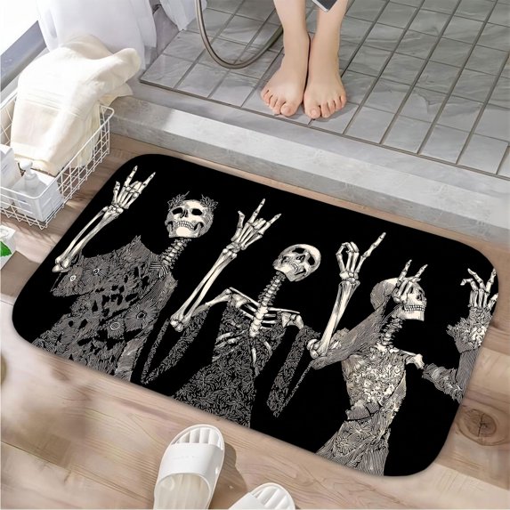 1pc Skeletons Making Rock Signs Absorbent Non-Slip Bathroom Thickened Flannel Rug Decor,Soft,Quick Drying,Suitable For Indoor/outdoor Use,Bathrooms,Bedrooms,Kitchens,Terrace,Laundry Rooms,16"x24"