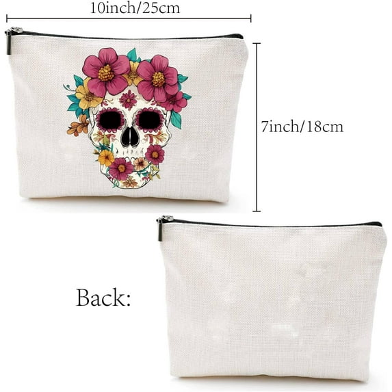 1pc Skull Canvas Makeup bag Cosmetic Pouches Bags Flowers Portable Travel Make Up Canvas Toiletry Organizer Storage Purse Case with Zipper Gifts for Women Friends Teacher Halloween 10 x 7 Inch