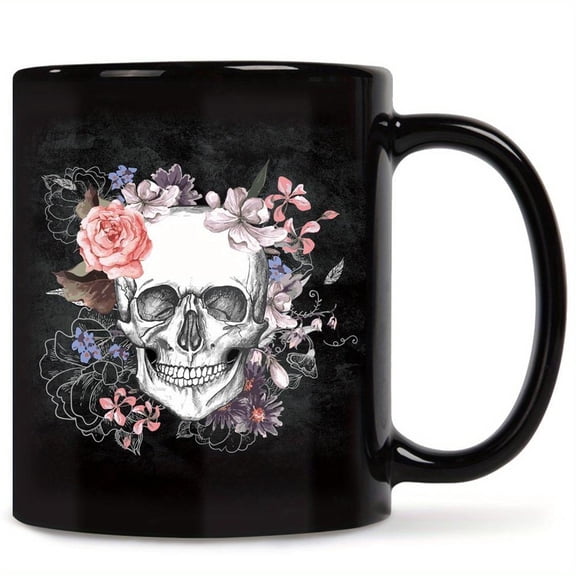 1pc Skull Ceramic Mug Floral Print Coffee Cup Day Of Dead Design Beautiful Vivid Colors Great Novelty Gifts 11 Oz Black Drinkware Vintage Halloween De