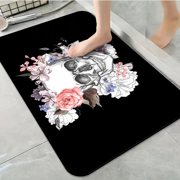 1pc Skull with Floral Wreath Bathroom Rug Bathroom Decor and Accessories- Durable,Anti Slip,And Quick Drying,Suitable For Indoor/outdoor Use - Perfect For Bathrooms,Bedrooms,Kitchens