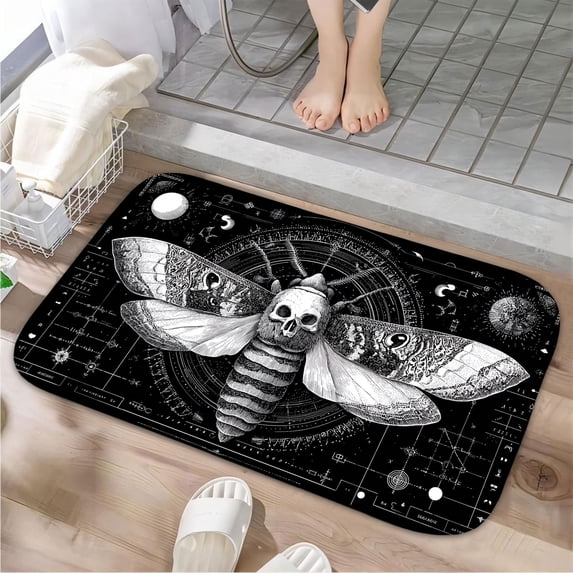 1pc Skull Moth with Astrological Absorbent Non-Slip Bathroom Thickened Flannel Rug Decor,Soft,Quick Drying,Suitable For Indoor/outdoor Use,Bathrooms,Bedrooms,Kitchens,Terrace,Laundry Rooms,16"x24"