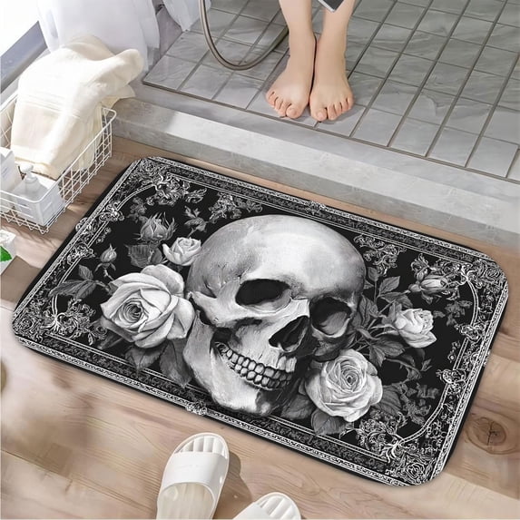 1pc Skull with Roses Absorbent Non-Slip Bathroom Thickened Flannel Rug Decor,Soft,Quick Drying,Suitable For Indoor/outdoor Use,Bathrooms,Bedrooms,Kitchens,Terrace,Laundry Rooms,16"x24"